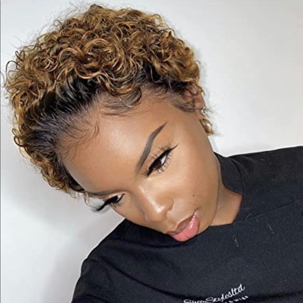COPY - COPY - Clover leaf  curly lace front human hair wig 13*1 pixie cut black…